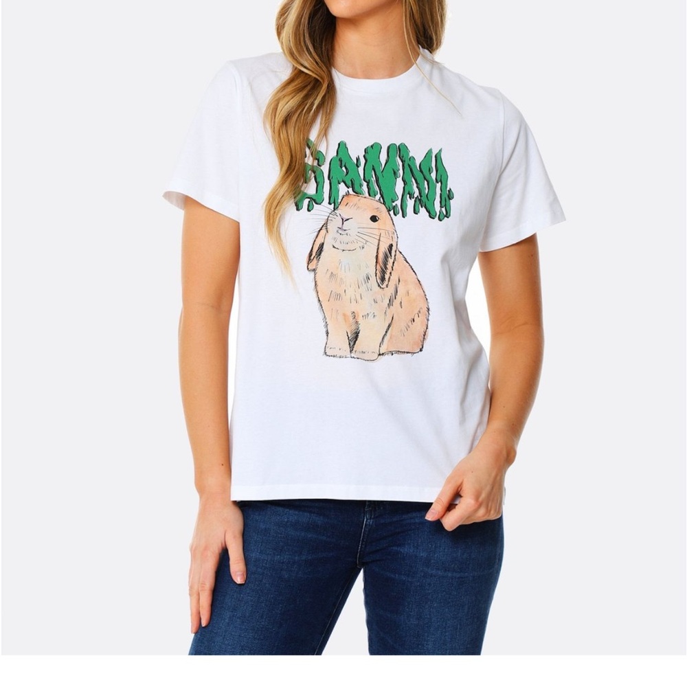 Ganni White Graphic Bunny Tee with Green Logo